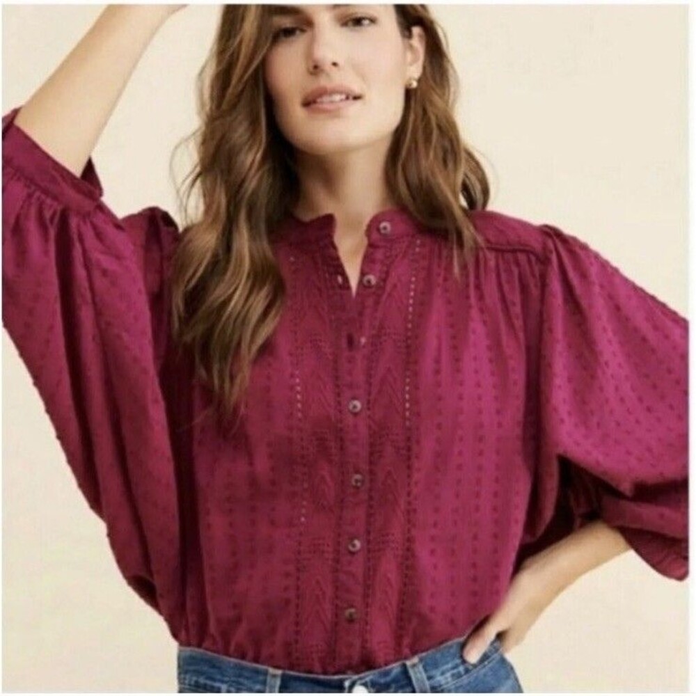 Anthropologie Pilcro Tavi Blouse Women L Embroidered Button Down Dolman Sleeve